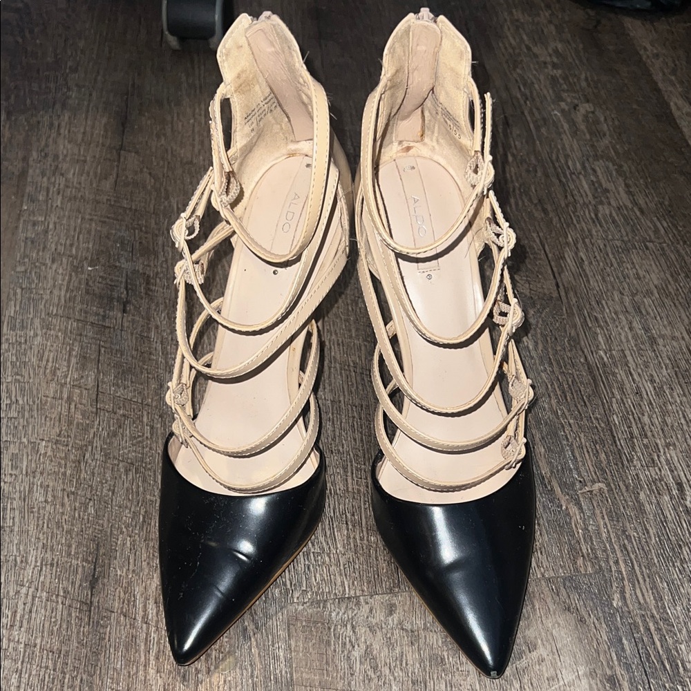 Aldo Black and Cream Strappy Heels